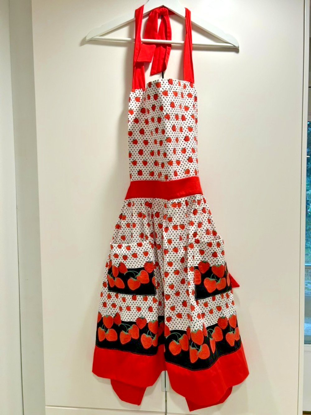 Handmade Strawberry Apron Red Black Polka Dot Full Bib Retro Kitchen Pockets
